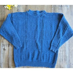 Vintage 90s Cabin Creek Blue Knit Sweater Mock‎ Neck Textured Geometric Pullover
